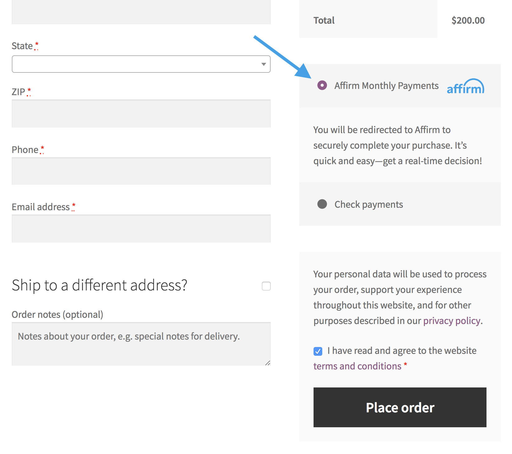 Affirm Place Order
